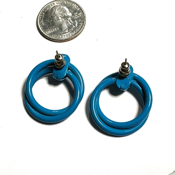Vintage Azure Blue Double Hoop Earrings Door Knocker Look Retro 1980s - Picture 5 of 5